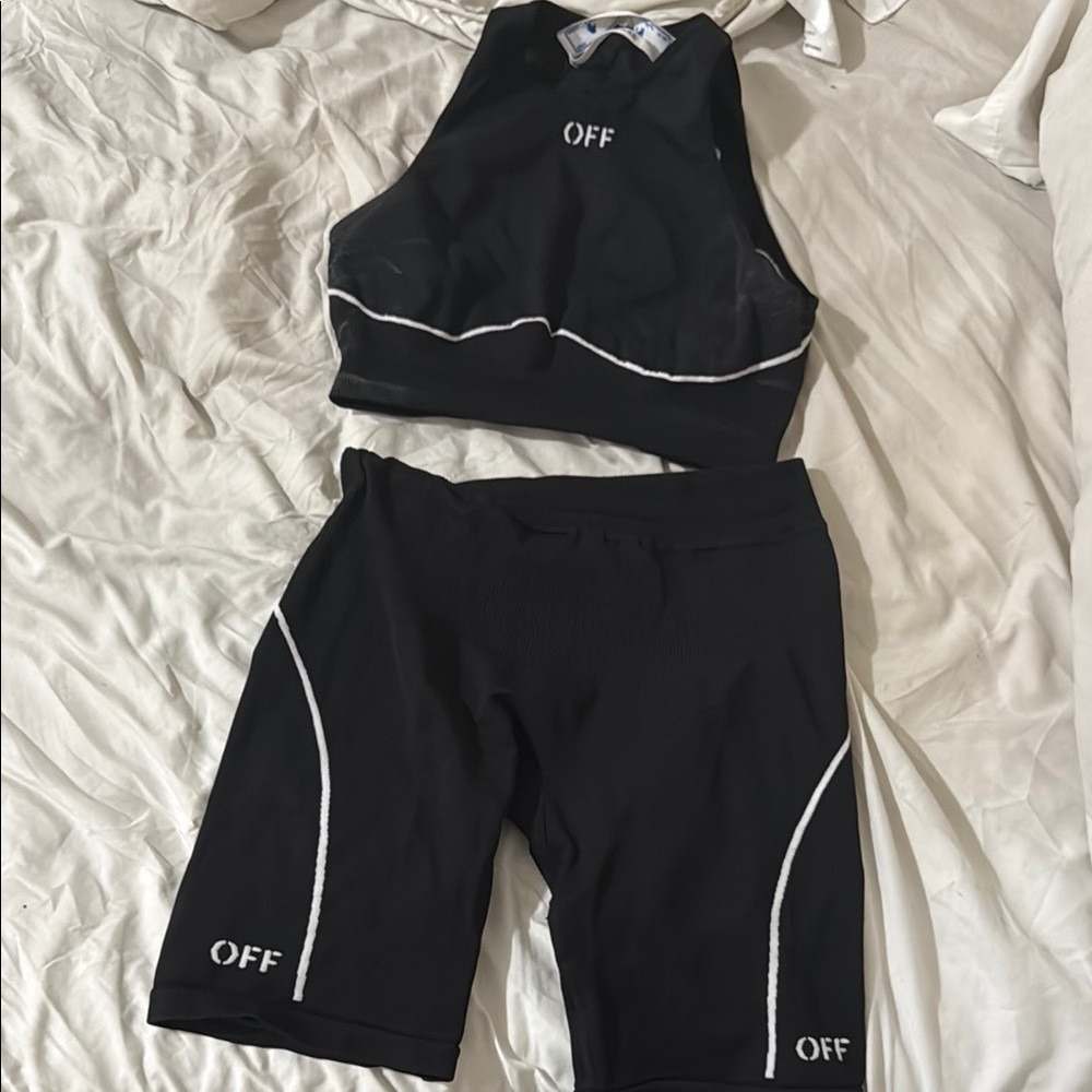 Black and White OFF Crop Top and Shorts Set
